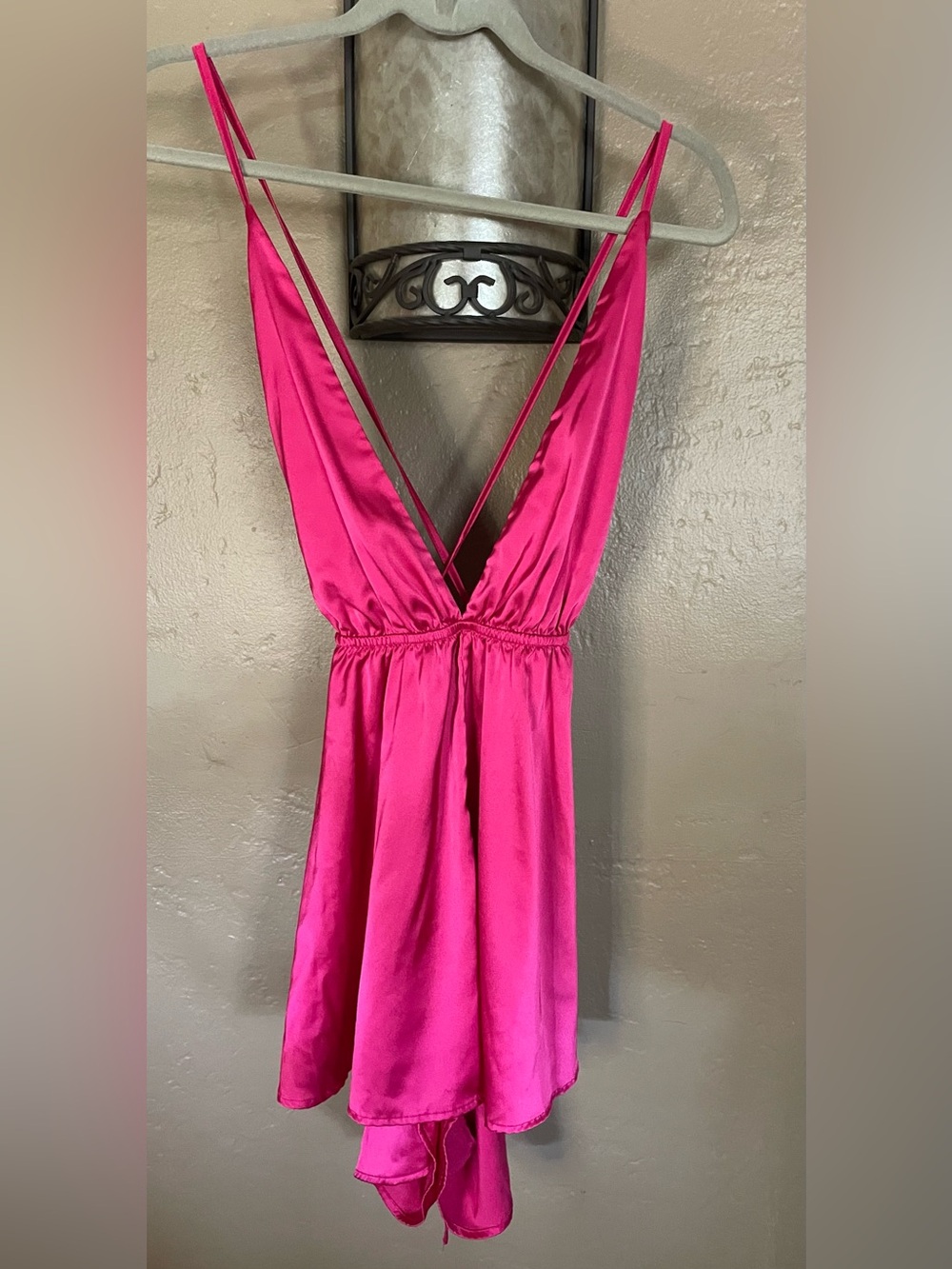 SHEIN Hot Pink Deep vneck Romper Satin feel, spaghetti strap elastic waist NWT